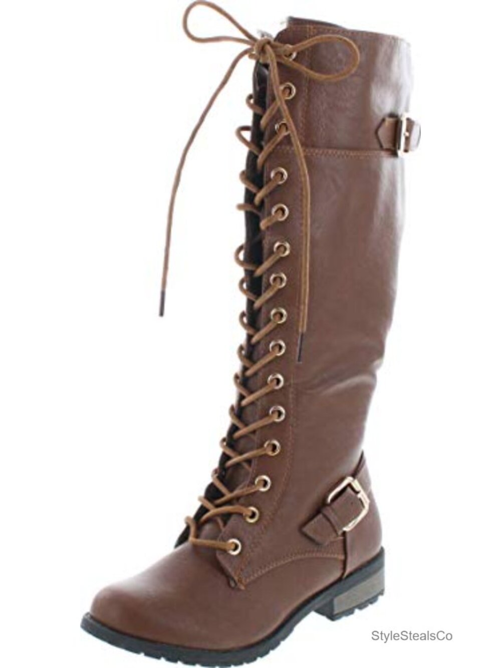 Knee High Riding Boots Buckle Accent Almond Toe Block Heel Faux Leather Lined